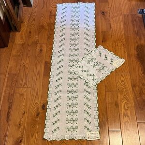Vintage Embroidered White Linen Table Runner and matching doily
